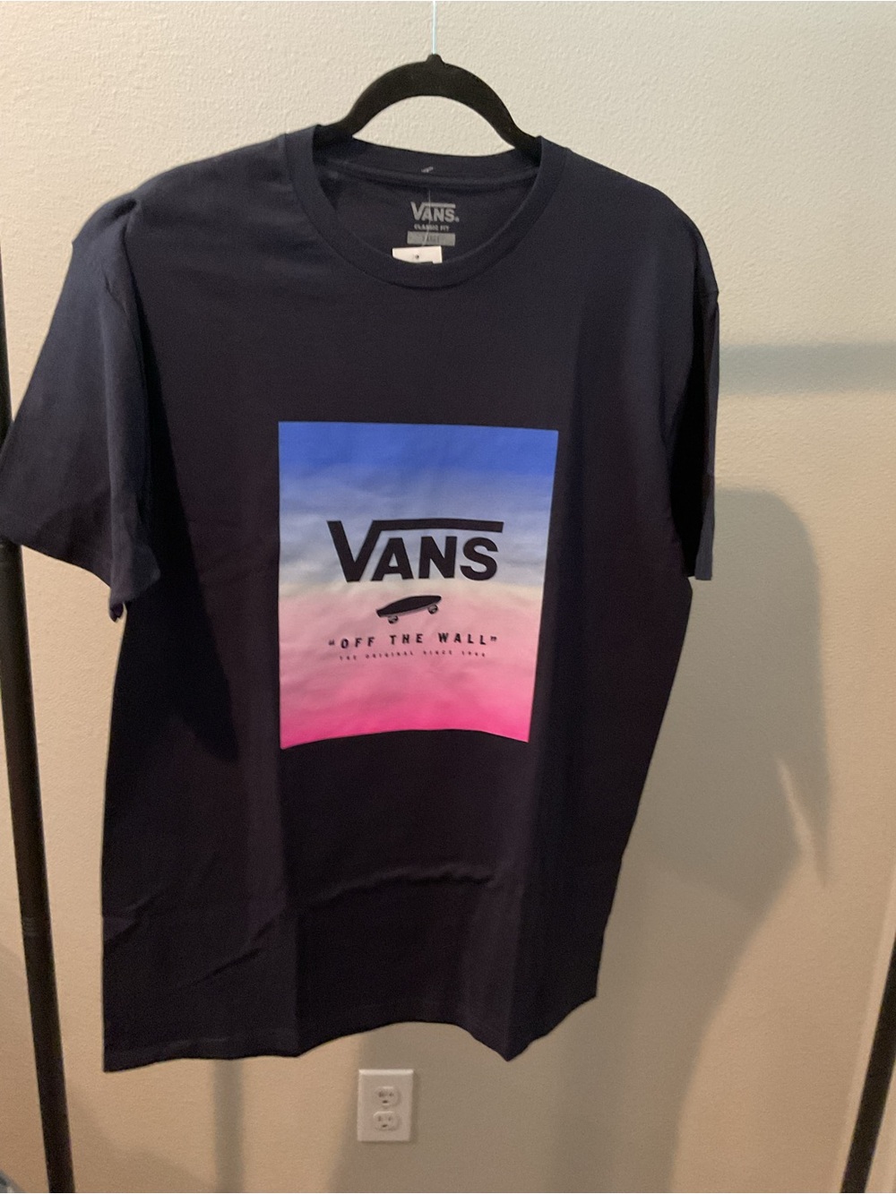 Vans Navy Short Sleeve Tee with Blue-to-Pink Gradient Logo
